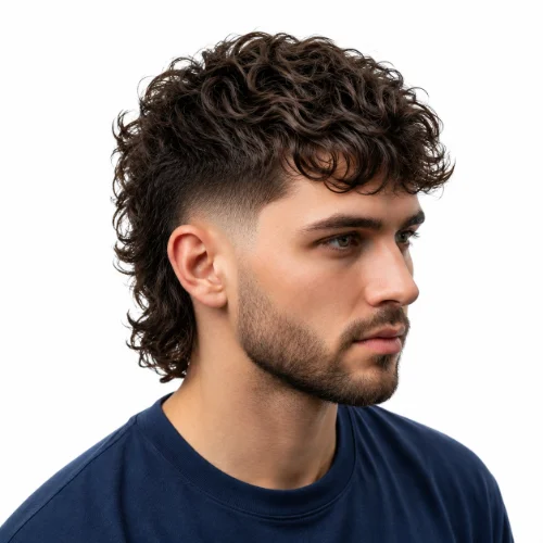 Curly Modern Mullet with a well-groomed beard, natural curls, faded sides, and a layered mullet cut
