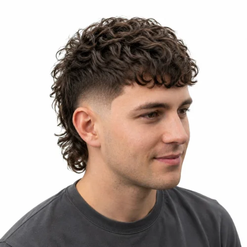 Curly Modern Mullet with a textured fringe, natural curls, faded sides, and a layered mullet back.
