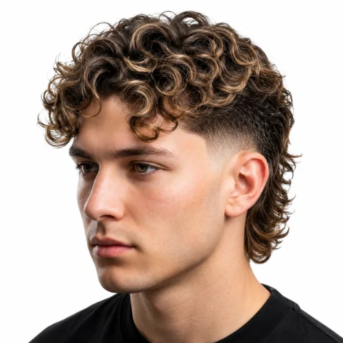 Curly Modern Mullet with subtle highlights, textured curls, faded sides, and a layered mullet finish