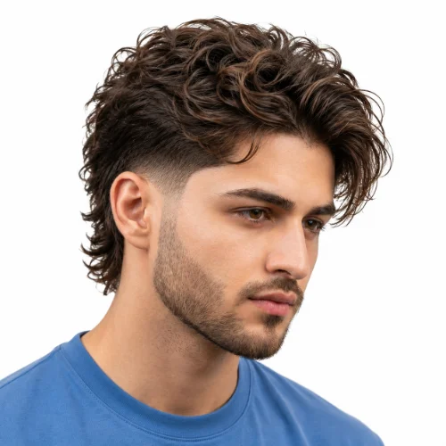 Curly Modern Mullet with a clean taper, natural curls, and a textured layered back