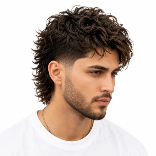 Curly Wolf Modern Mullet with thick curls, shaggy layers, tapered sides, and a modern wolf-inspired mullet