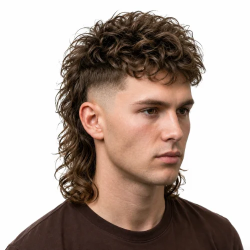 Fluffy modern mullet with voluminous hair and burst fade sides