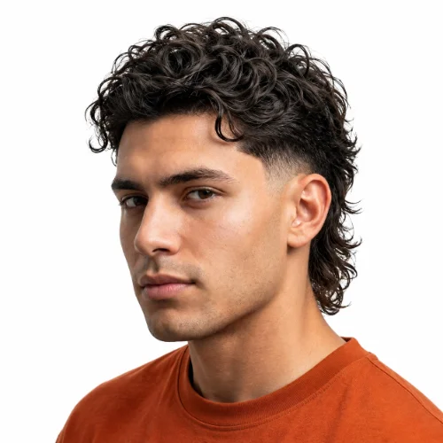 Layered Curly Modern Mullet with soft curls, textured layers, tapered sides, and extra volume