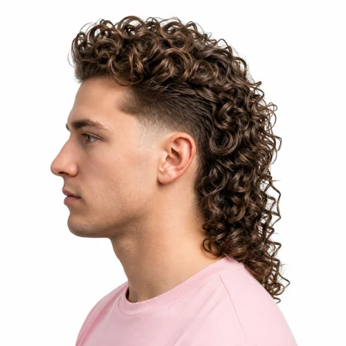 Long Curly Modern Mullet with defined natural curls, layered sides, and a longer textured back for a modern look