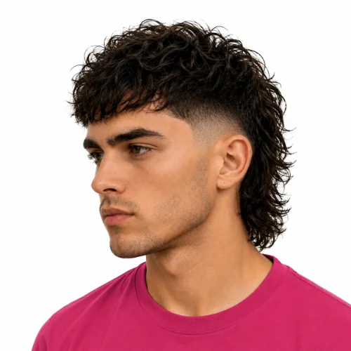 Low Fade Curly Modern Mullet with textured curls, a clean low fade, and a layered mullet hairstyle on dark hair