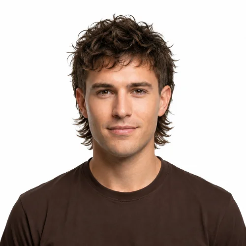 Messy Curly Modern Mullet with textured curls, natural volume, tapered sides, and a layered mullet back