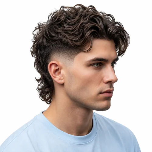 Mid Fade Curly Modern Mullet with defined curls, a smooth mid fade, and a layered back