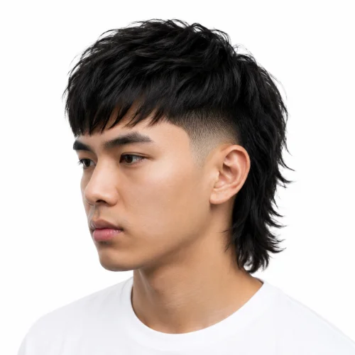 Asian man with a classic modern mullet haircut and layered back