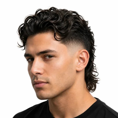Long modern mullet with textured length and a burst fade