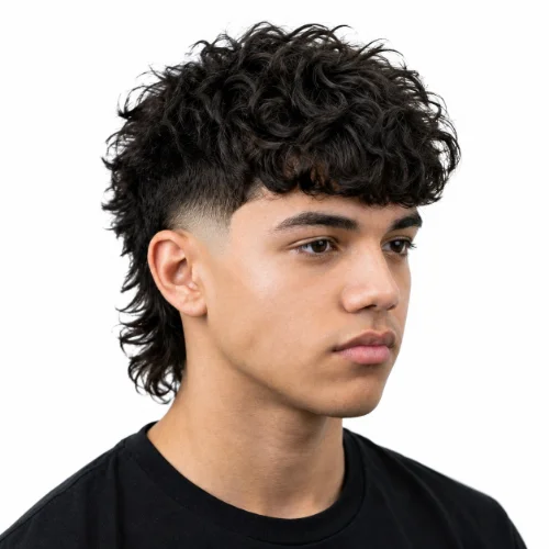 Modern mullet with textured hair and a burst fade on the sides