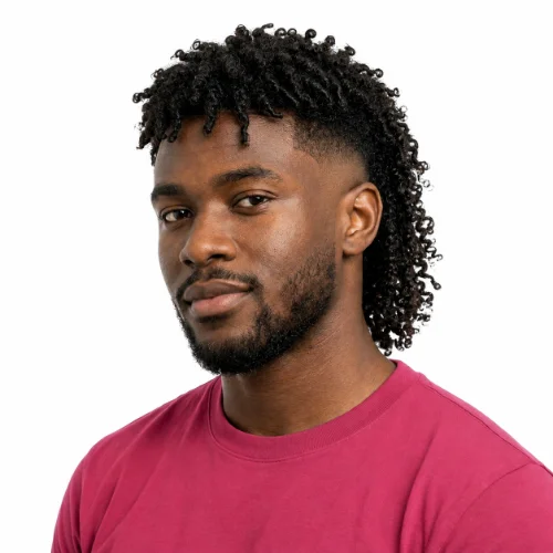 Modern Mullet Curly Burst Fade with defined curls, a clean burst fade, and a longer textured back