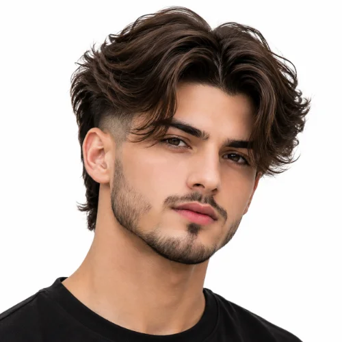 Modern mullet with a middle part, wavy texture, and burst fade