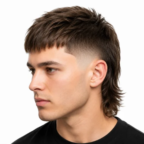 Modern mullet with straight hair and a clean burst fade