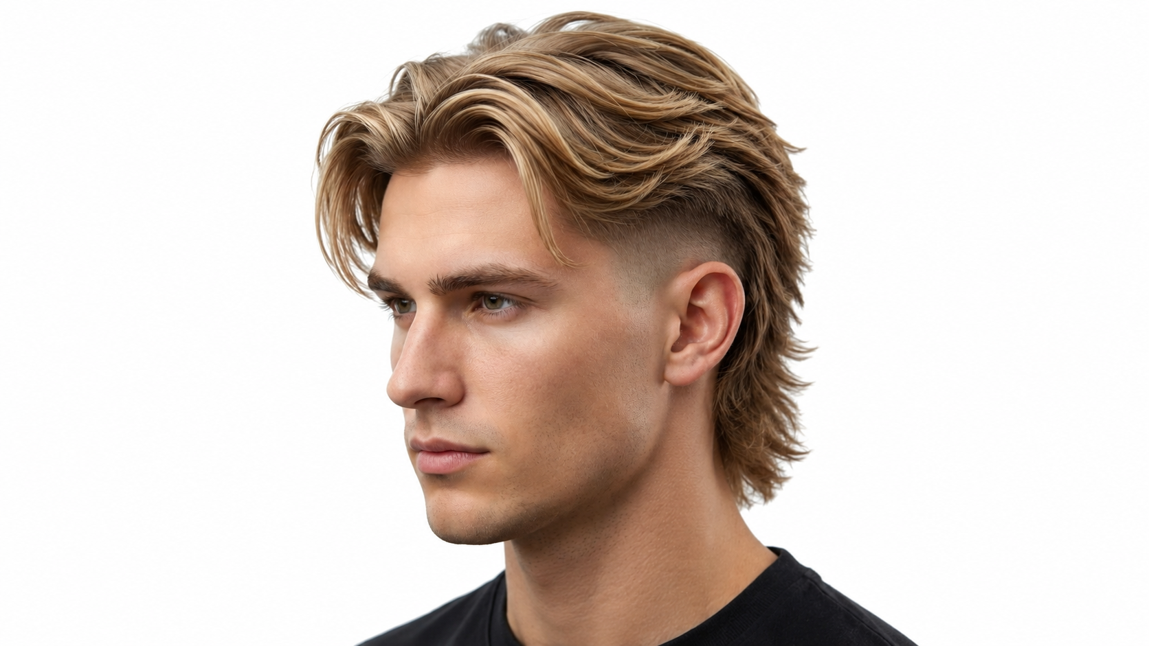 Modern Mullet Taper hairstyle for men with textured top and low taper fade