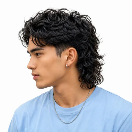 Modern Mullet Textured Curly with defined textured curls, soft layers, tapered sides, and a longer curly back