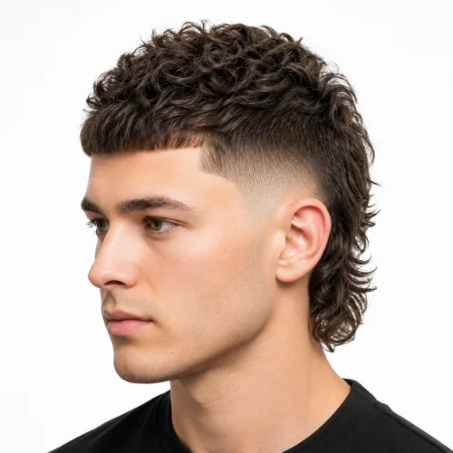 Natural Curly Modern Mullet with defined curls, soft layers, tapered sides, and a natural finish