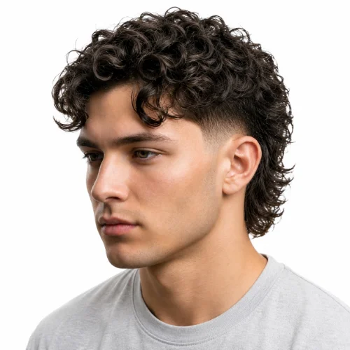 Professional Curly Modern Mullet with neat curls, clean faded sides, and a polished layered hairstyle