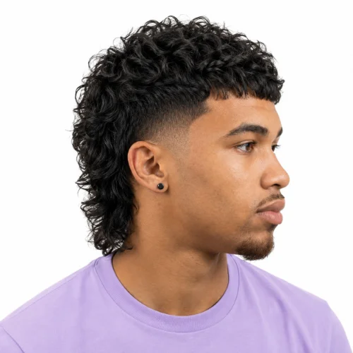 Short Curly Modern Mullet hairstyle for men with textured curls, low taper fade, and layered back