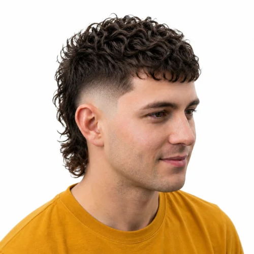 Skin Fade Curly Modern Mullet with tight curls, a clean skin fade, and a textured mullet hairstyle