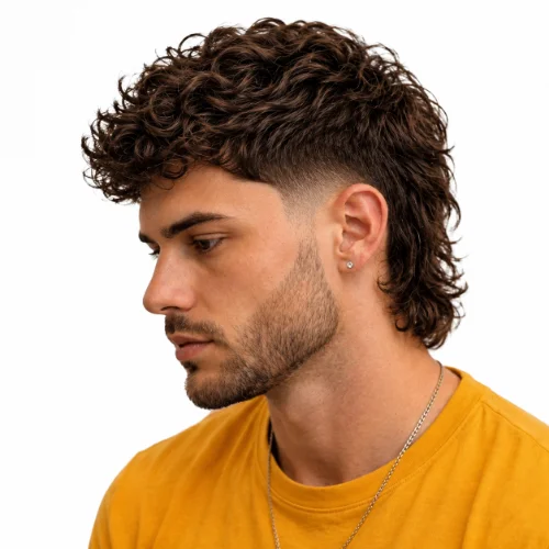 aper Fade Curly Modern Mullet with defined textured curls, a clean taper fade, and a layered mullet hairstyle on dark hair