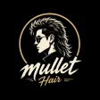Stylish Mullet Hair logo featuring a modern side-profile illustration of a man with a mullet haircut in black, white, and gold on a dark background.