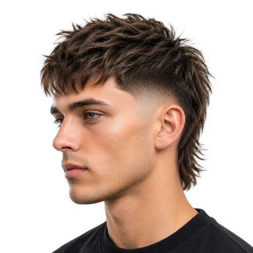 Modern Mullet Hairstyle Fade with textured top, faded sides, and a longer back.