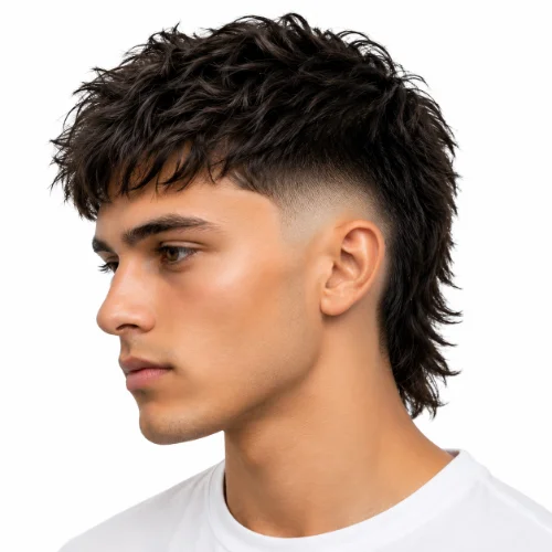 Modern Mullet Hairstyle Burst Fade with textured top and longer back.