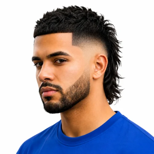 Modern Mullet Hairstyle Skin Fade with sharp faded sides and longer back.
