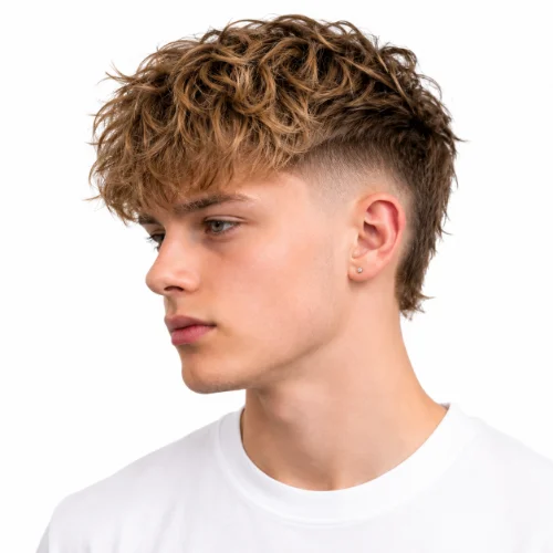 Curly Modern Mullet hairstyle with defined curls and layered back.