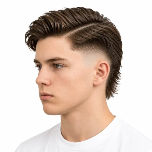 Modern Mullet Burst Fade haircut with faded sides and textured top.