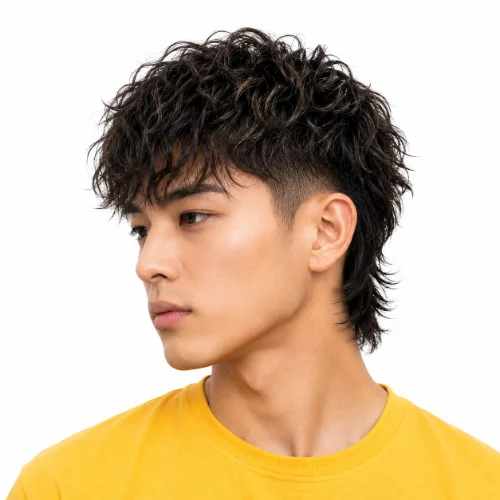 Modern Mullet Perm hairstyle with permed texture and a longer back.