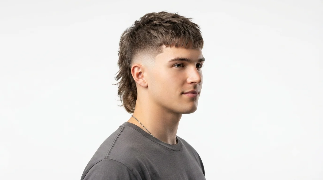 Modern Mullet Fade haircut with a textured top, faded sides, and a longer back.