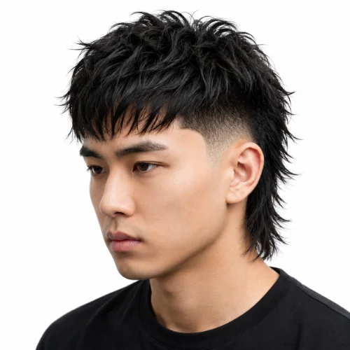 Asian man with an Asian mullet fade and messy textured hair