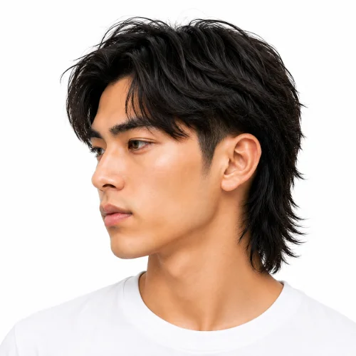 Asian man with an Asian mullet fade and middle part hairstyle