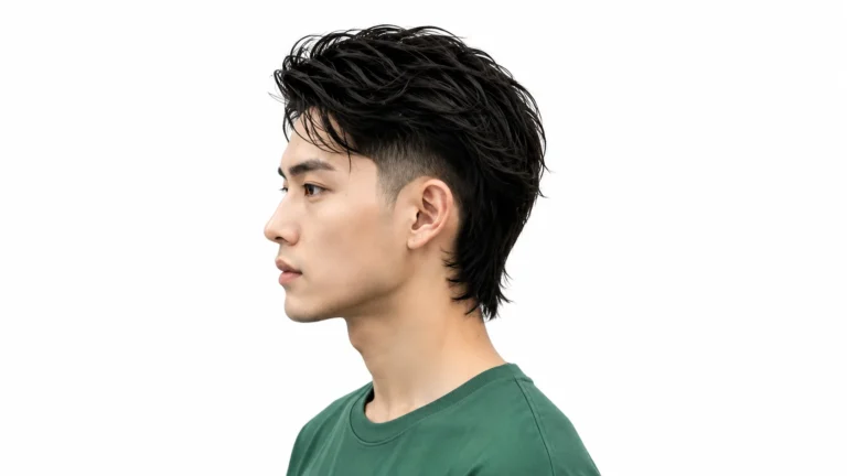 Asian Mullet Fade hairstyle featuring textured black hair, faded sides, and a longer layered back