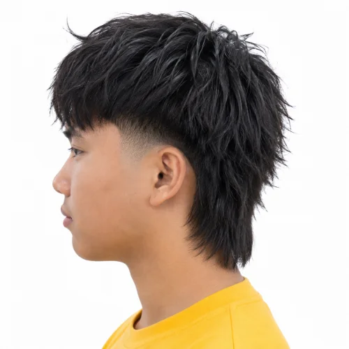 Asian man with a modern Asian mullet fade for thick hair