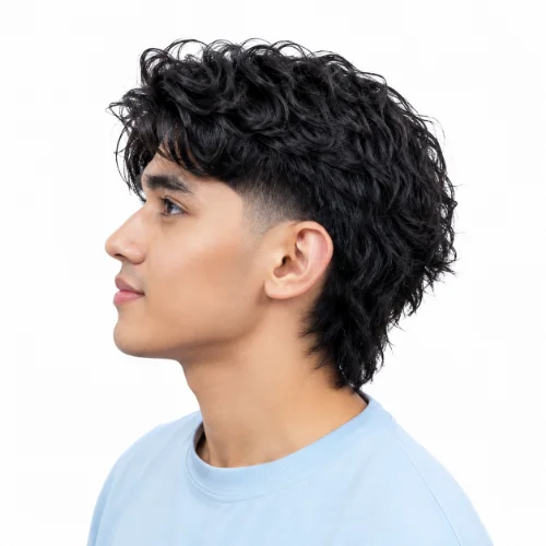 Asian man with an Asian mullet fade styled for wavy hair