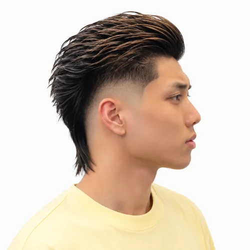 Asian man with an Asian mullet fade and slick back hairstyle