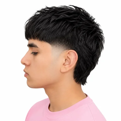 Asian man wearing an Asian mullet with taper fade sides
