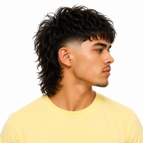 Burst Fade Modern Mullet with textured layers, a clean burst fade, and a longer back