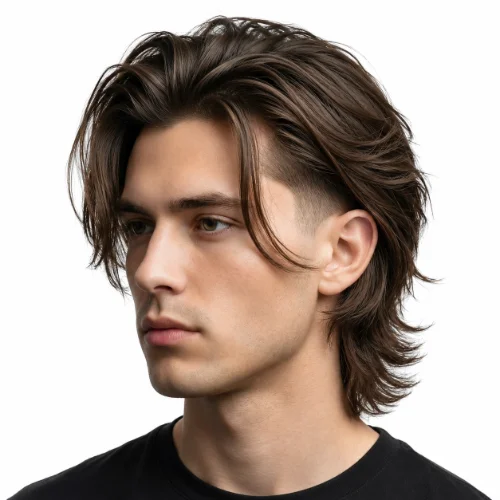 Long modern mullet featuring lengthy hair on top