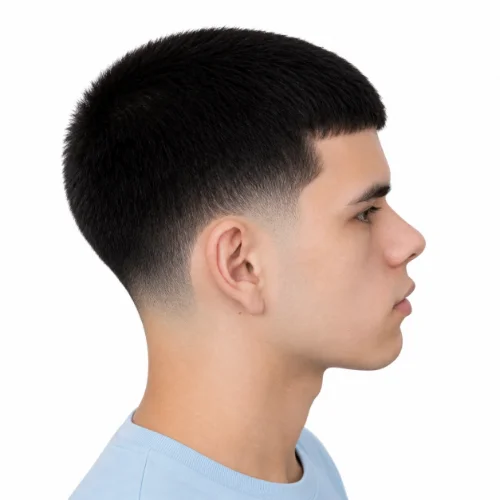 Low taper buzz cut with clean short sides