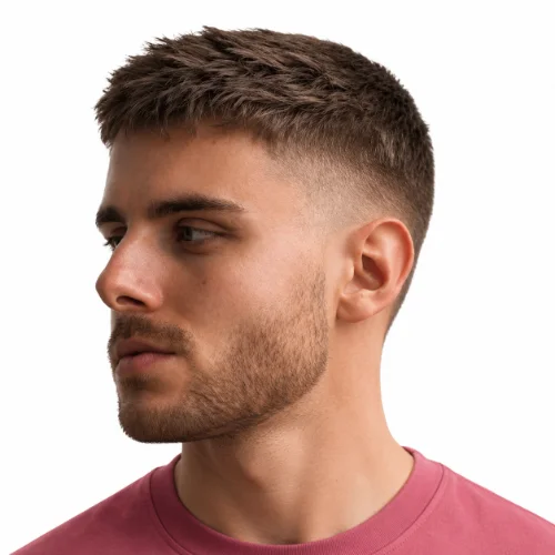 Low taper crew cut with short textured top
