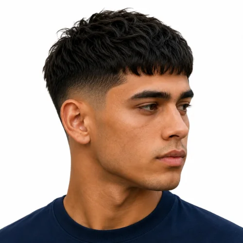 Low taper French crop with short textured fringe