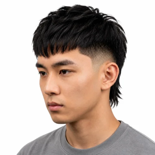 Asian low taper modern mullet hairstyle with fringe