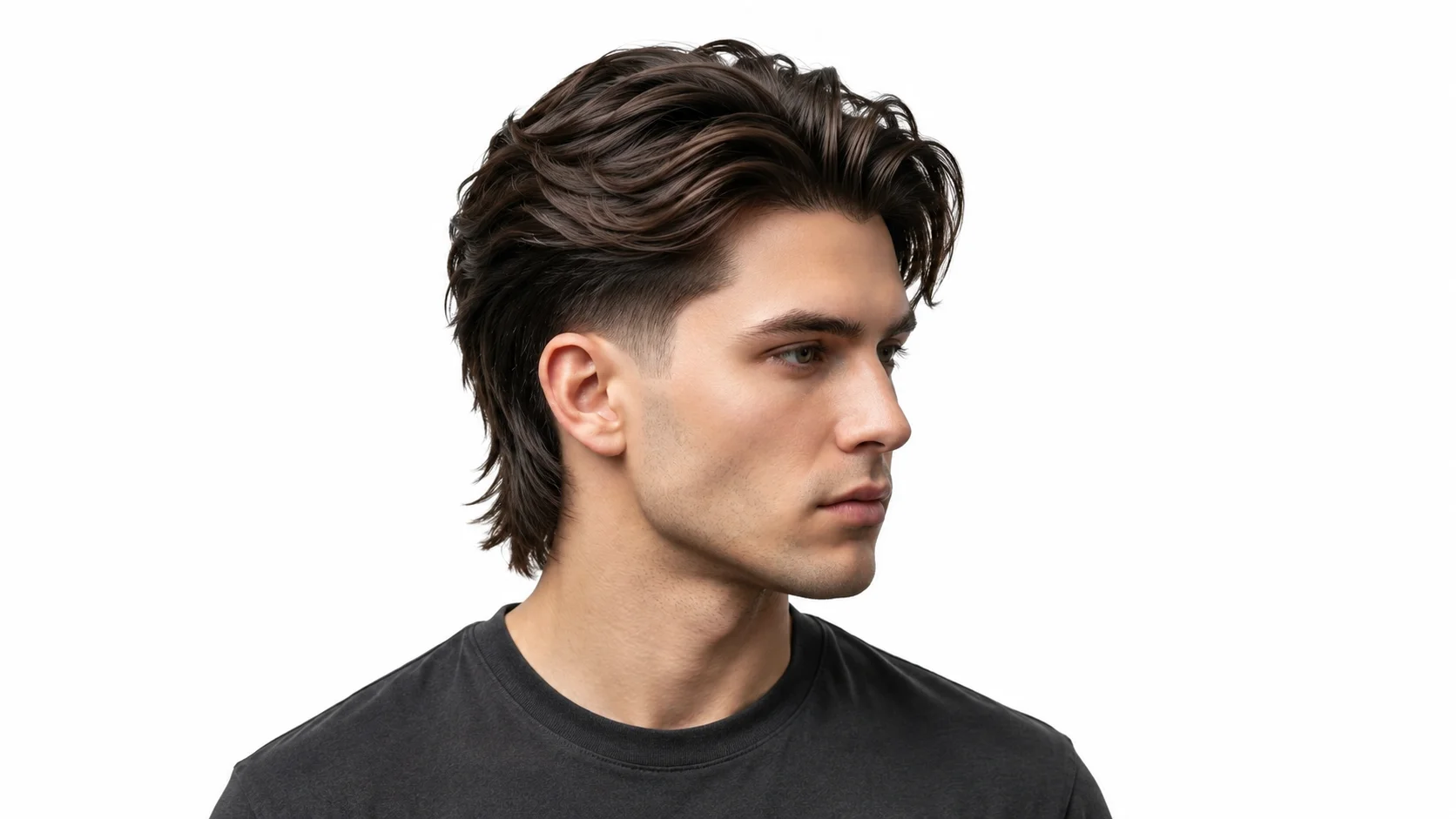 Low Taper Modern Mullet hairstyle with layered hair and a subtle taper on the sides.