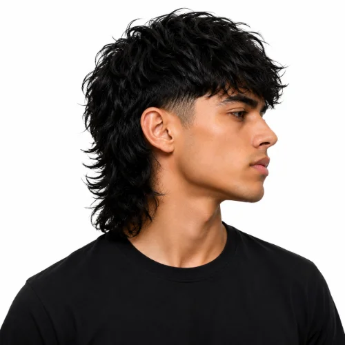 Modern Mullet Black Hair with textured black layers, tapered sides, and a longer back