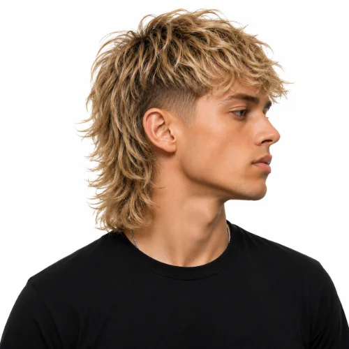 Modern Mullet Blonde Hair with textured blonde layers, tapered sides, and a longer back
