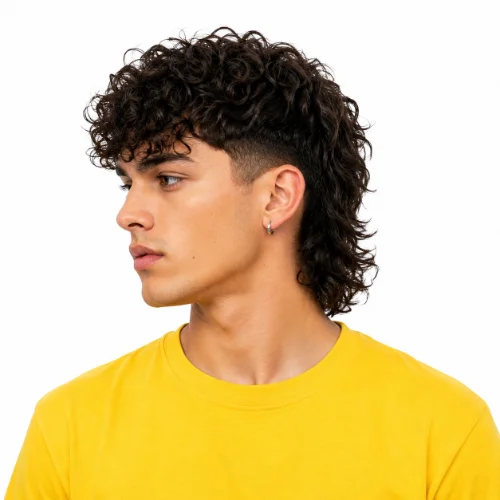 Modern Mullet for Curly Hair on a man wearing a yellow T-shirt against a white background.