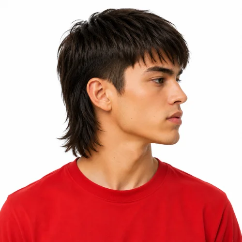 Modern Mullet for Straight Hair on a man wearing a red T-shirt against a white background.